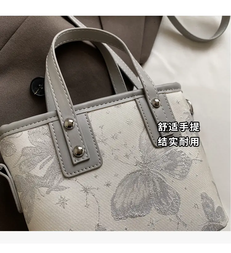 Women's Grey Embroidered Shoulder Bag with Pearl Tassel — feature 7
