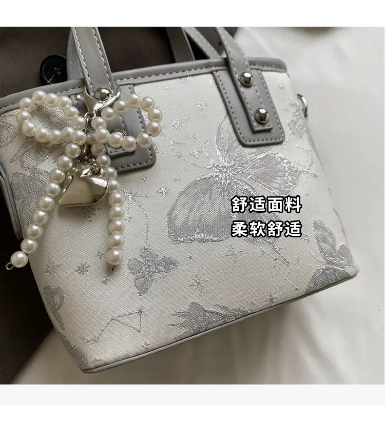 Women's Grey Embroidered Shoulder Bag with Pearl Tassel — feature 8