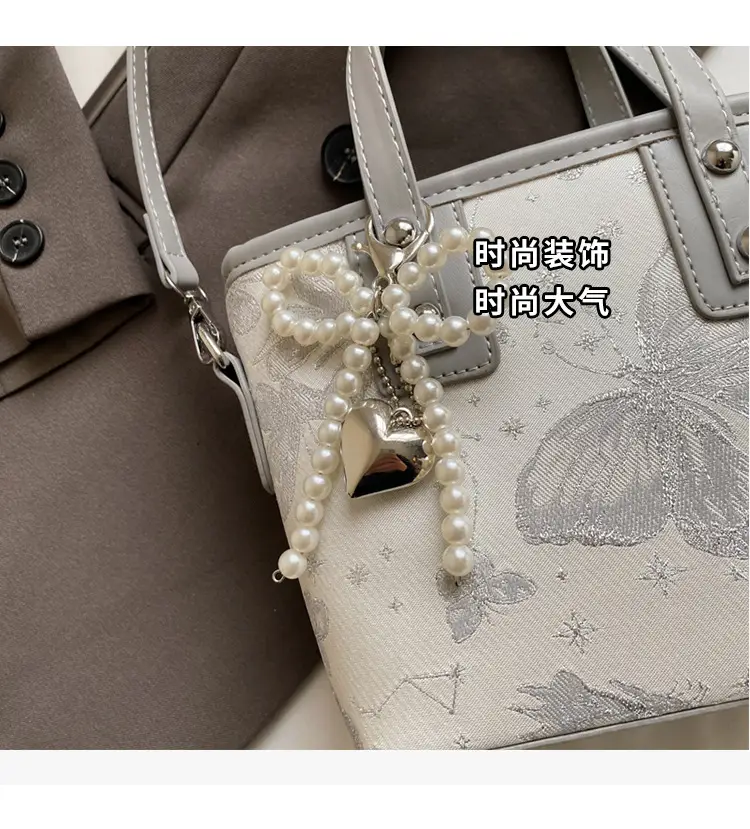Women's Grey Embroidered Shoulder Bag with Pearl Tassel — feature 9