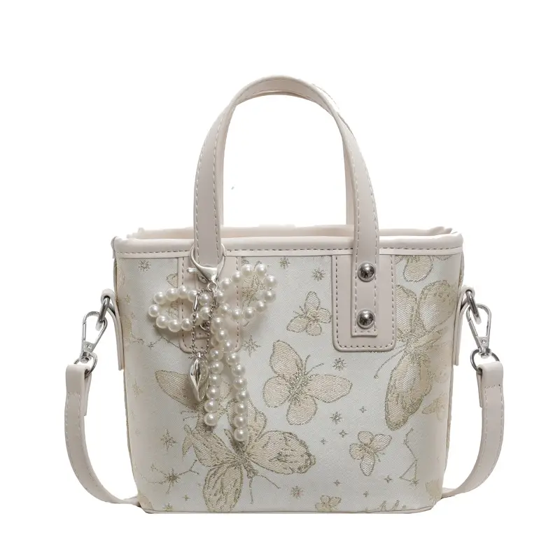 Women's Grey Embroidered Shoulder Bag with Pearl Tassel