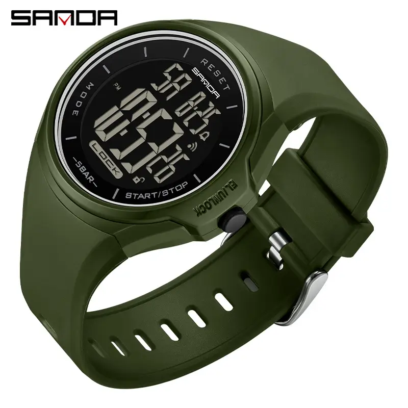 SANDA Touch Screen Digital Watch Black Green Military Style