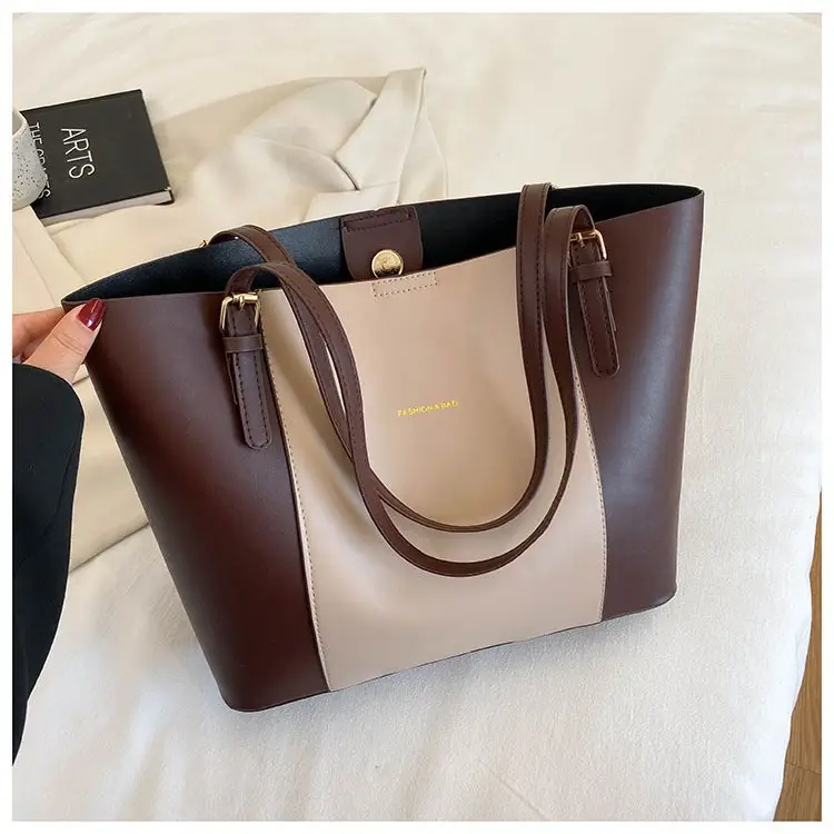 Vintage Brown Beige Shoulder Tote Bag for Women