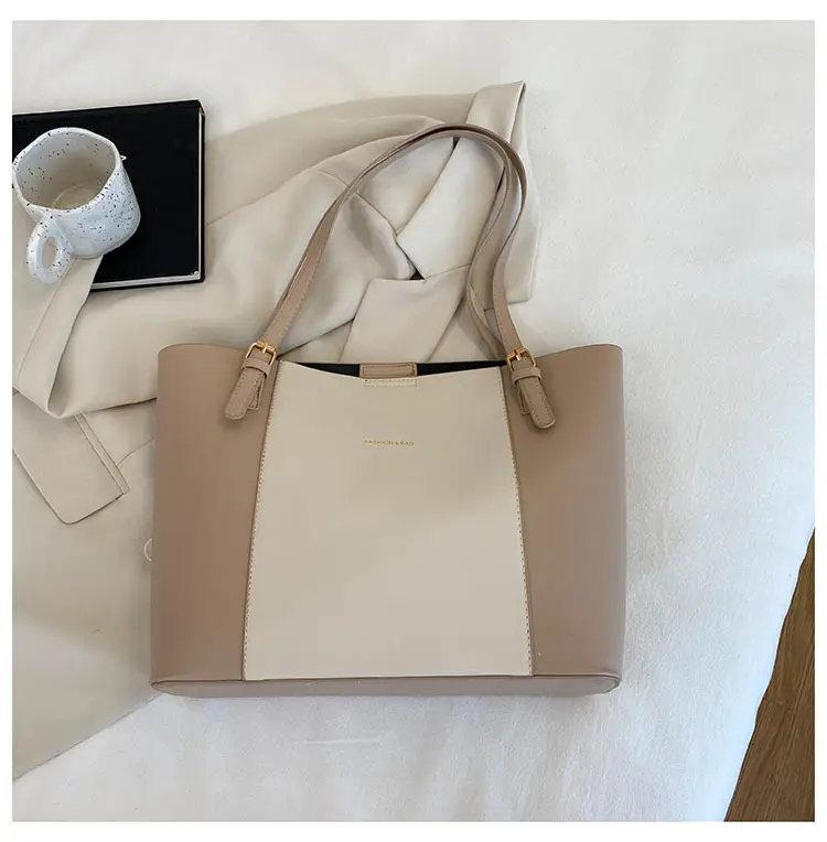 Vintage Brown Beige Shoulder Tote Bag for Women