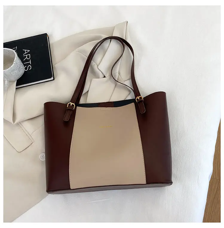 Vintage Brown Beige Shoulder Tote Bag for Women