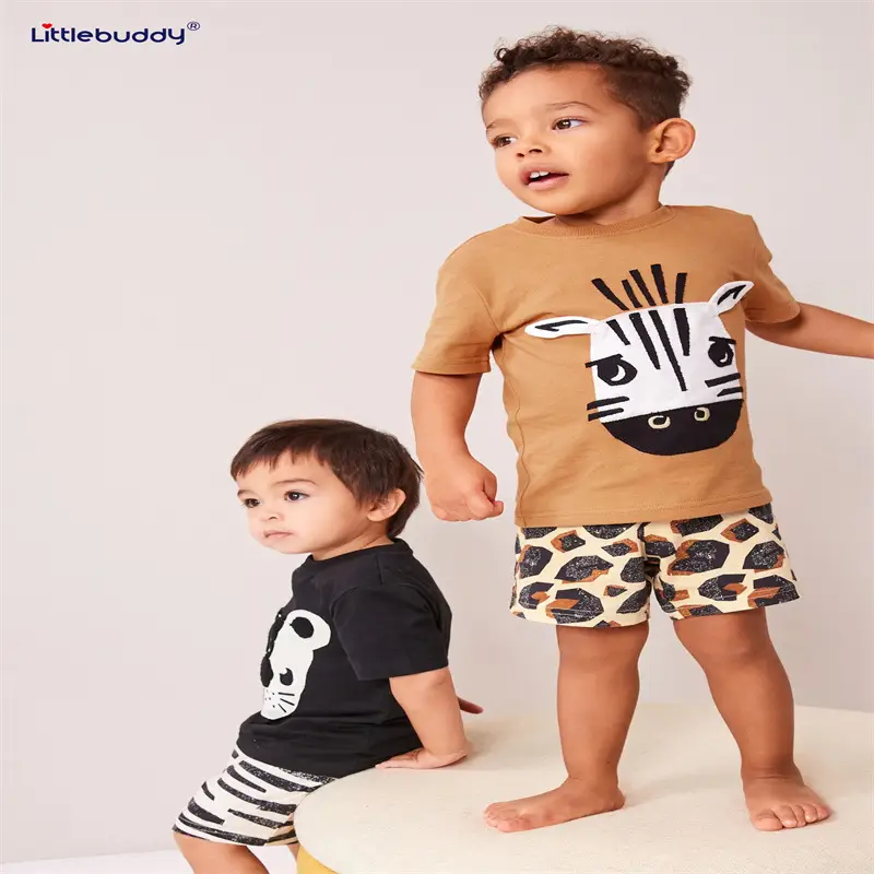 Cross-Border Kids Short Sleeve Cotton Suit Brown Leopard Print - Image 4