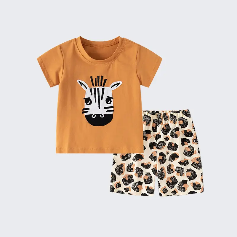 Cross-Border Kids Short Sleeve Cotton Suit Brown Leopard Print - Image 2
