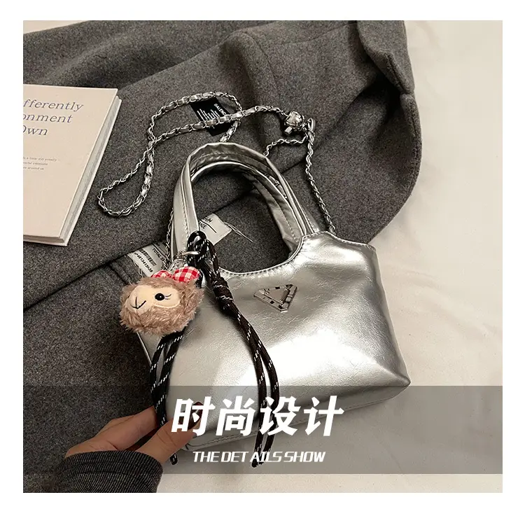 Women's Silver Chain Shoulder Bag with Cute Doll Design — feature 7