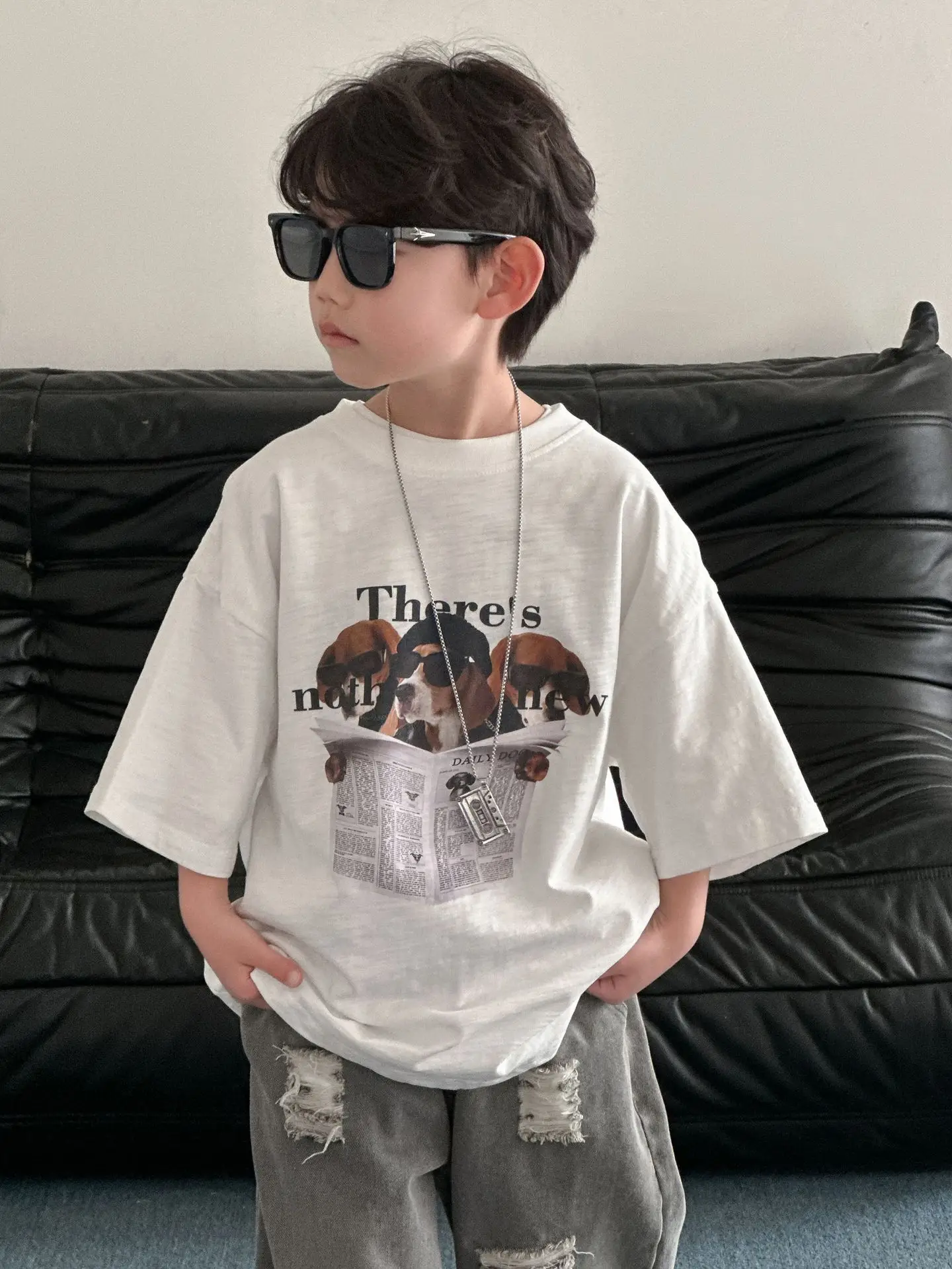 Boy Cotton Graphic T-Shirt White Medium Summer Wear