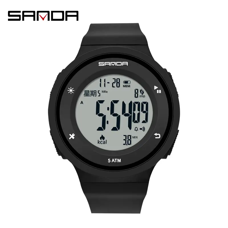 Sanda Digital Step Calorie Male Sports Watch Black White