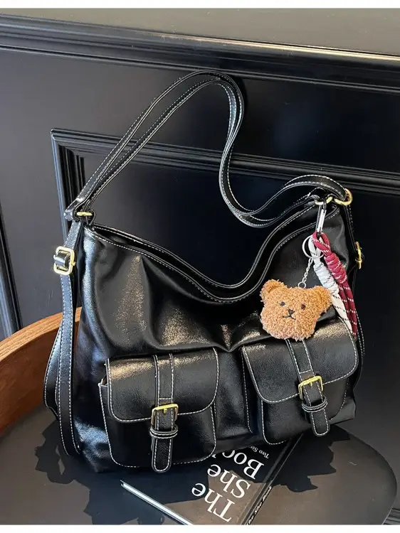 Women Retro Brown Leather Shoulder Bag with Teddy Bear Charm - Image 7