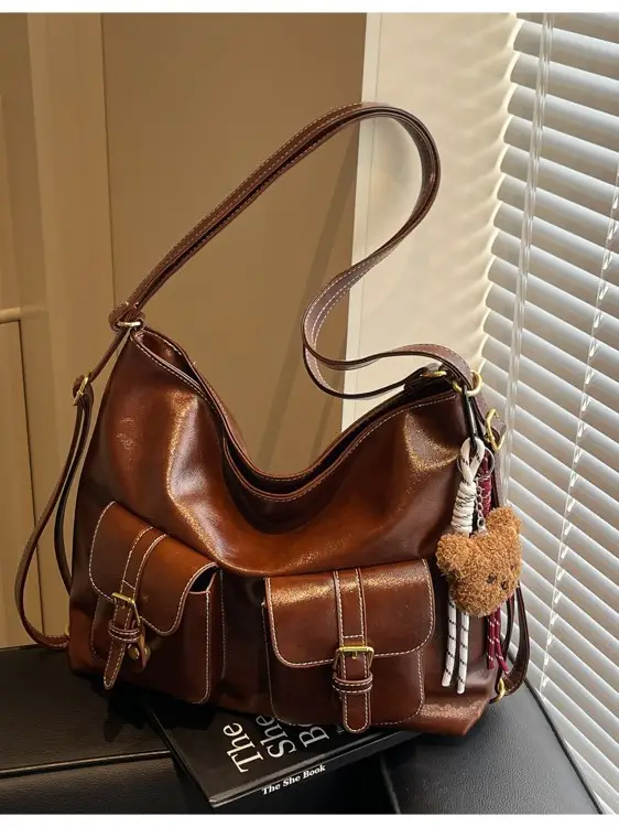 Women Retro Brown Leather Shoulder Bag with Teddy Bear Charm - Image 8