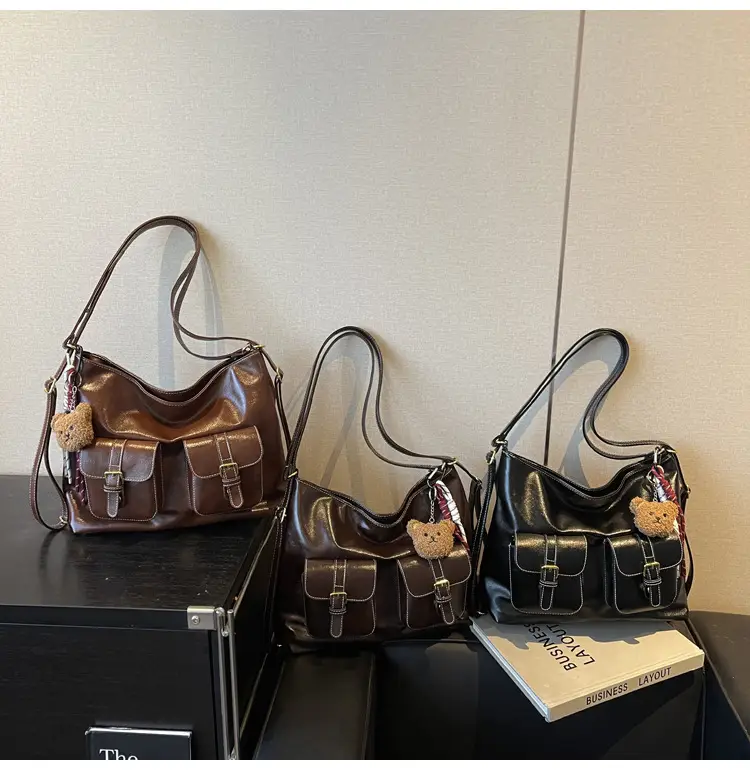 Women Retro Brown Leather Shoulder Bag with Teddy Bear Charm — feature 1