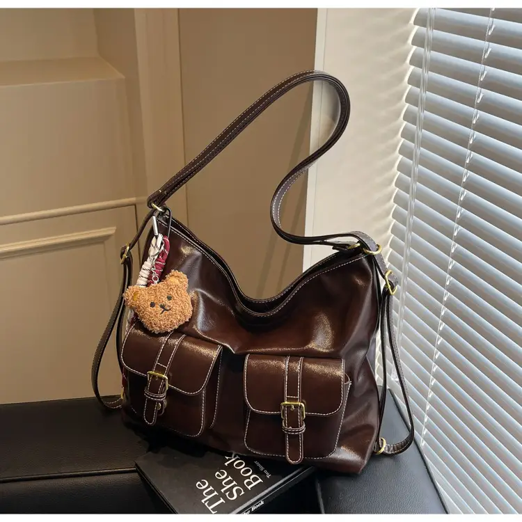 Women Retro Brown Leather Shoulder Bag with Teddy Bear Charm — feature 11