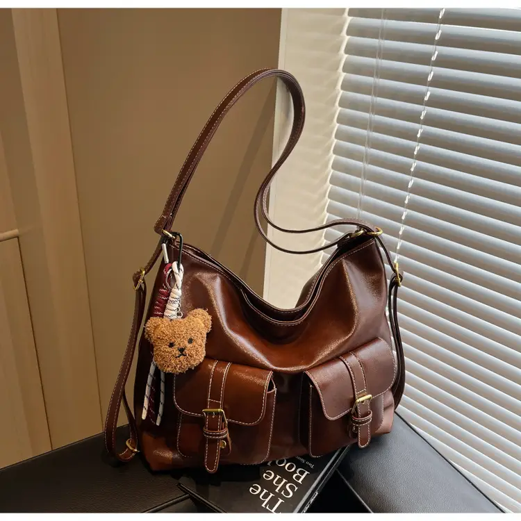Women Retro Brown Leather Shoulder Bag with Teddy Bear Charm — feature 12
