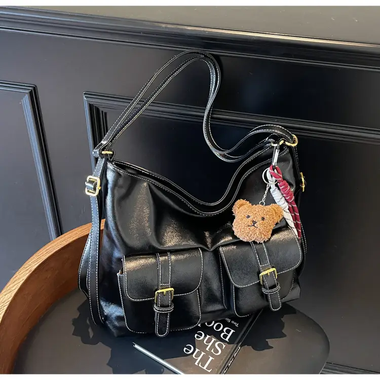 Women Retro Brown Leather Shoulder Bag with Teddy Bear Charm — feature 14