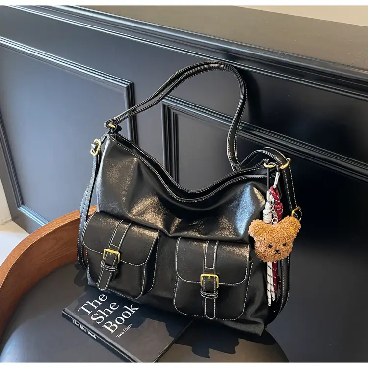 Women Retro Brown Leather Shoulder Bag with Teddy Bear Charm — feature 15