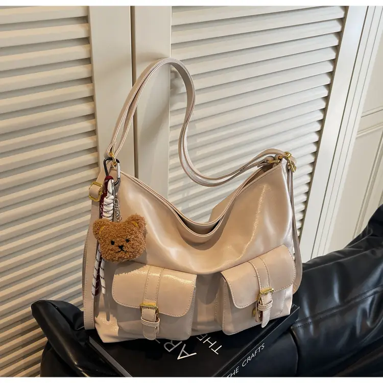 Women Retro Brown Leather Shoulder Bag with Teddy Bear Charm — feature 16