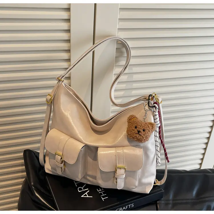 Women Retro Brown Leather Shoulder Bag with Teddy Bear Charm — feature 17