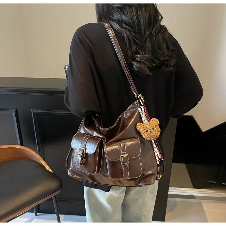 Women Retro Brown Leather Shoulder Bag with Teddy Bear Charm — feature 18