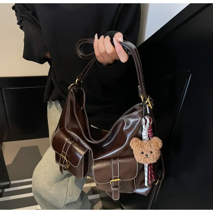Women Retro Brown Leather Shoulder Bag with Teddy Bear Charm — feature 19