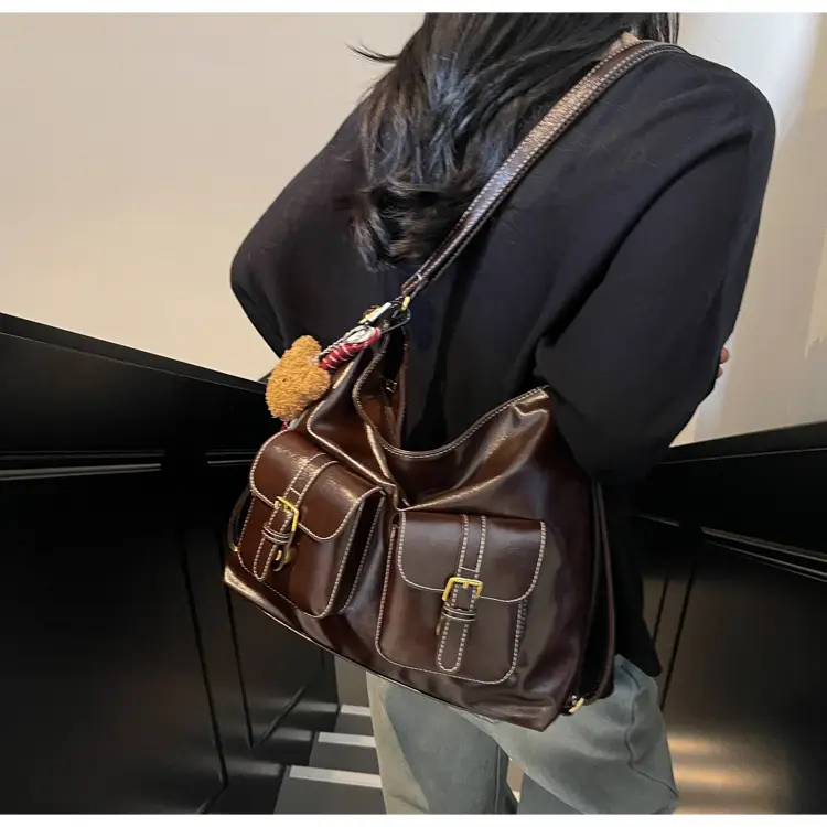 Women Retro Brown Leather Shoulder Bag with Teddy Bear Charm — feature 20