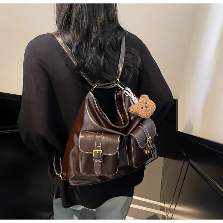 Women Retro Brown Leather Shoulder Bag with Teddy Bear Charm — feature 21