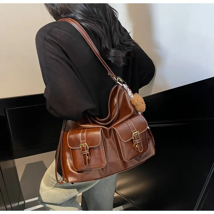 Women Retro Brown Leather Shoulder Bag with Teddy Bear Charm — feature 22