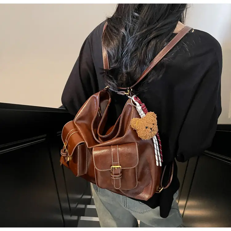Women Retro Brown Leather Shoulder Bag with Teddy Bear Charm — feature 24