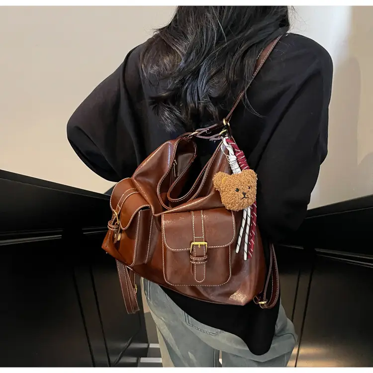 Women Retro Brown Leather Shoulder Bag with Teddy Bear Charm — feature 25