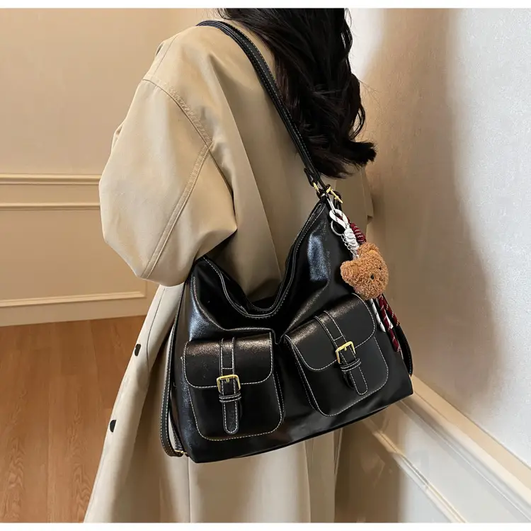 Women Retro Brown Leather Shoulder Bag with Teddy Bear Charm — feature 26