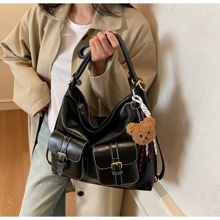 Women Retro Brown Leather Shoulder Bag with Teddy Bear Charm — feature 27