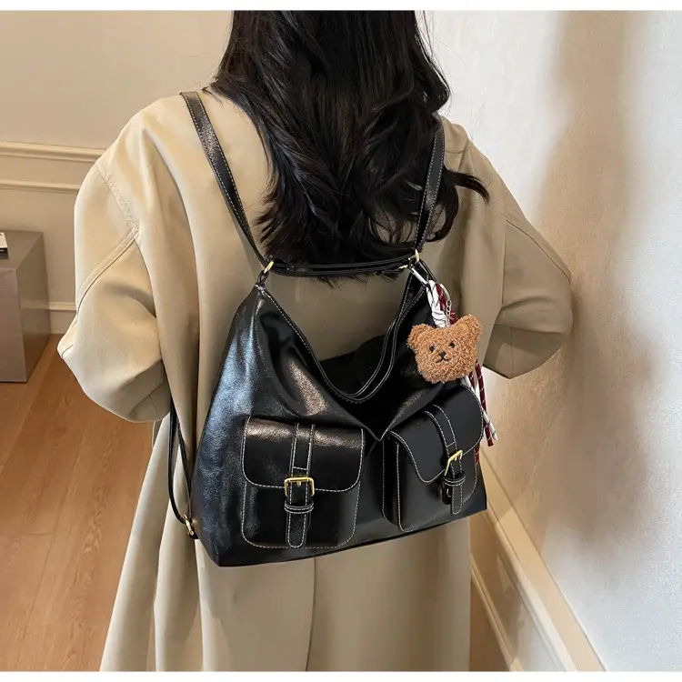 Women Retro Brown Leather Shoulder Bag with Teddy Bear Charm — feature 28