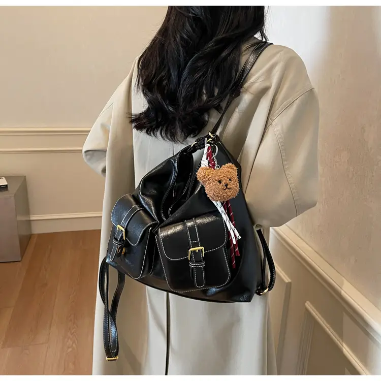 Women Retro Brown Leather Shoulder Bag with Teddy Bear Charm — feature 29