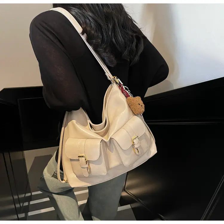 Women Retro Brown Leather Shoulder Bag with Teddy Bear Charm — feature 30
