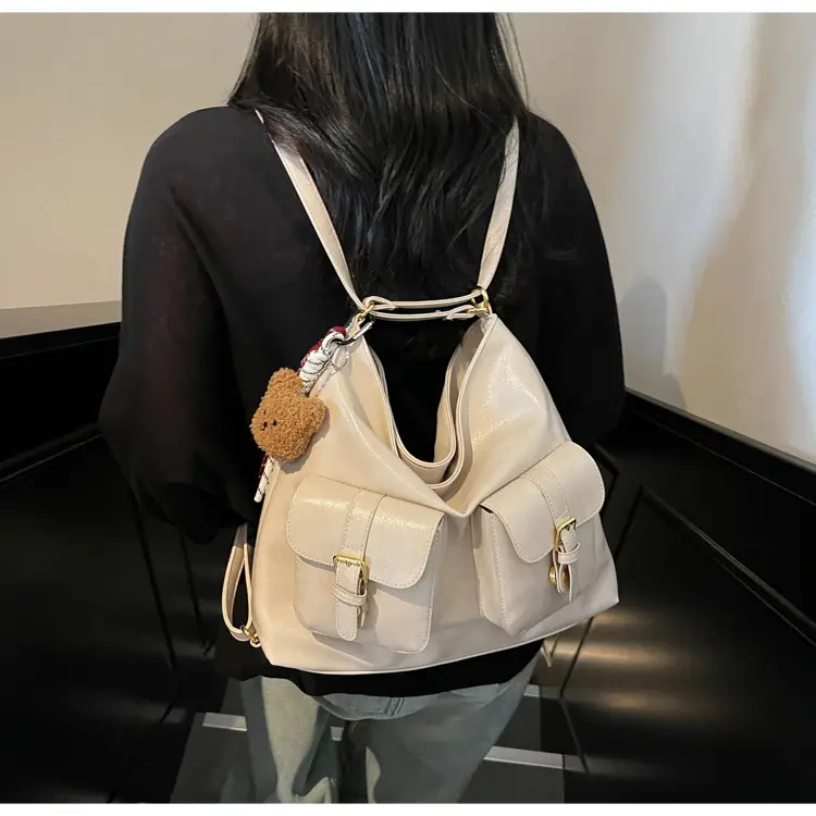 Women Retro Brown Leather Shoulder Bag with Teddy Bear Charm — feature 31
