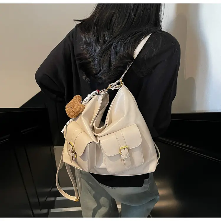 Women Retro Brown Leather Shoulder Bag with Teddy Bear Charm — feature 32