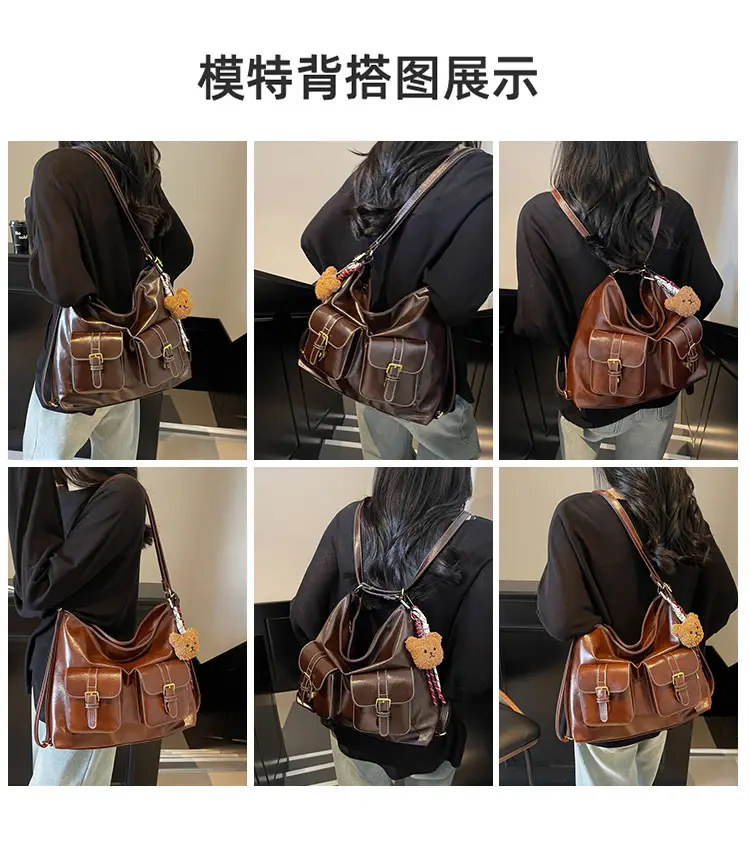 Women Retro Brown Leather Shoulder Bag with Teddy Bear Charm — feature 9
