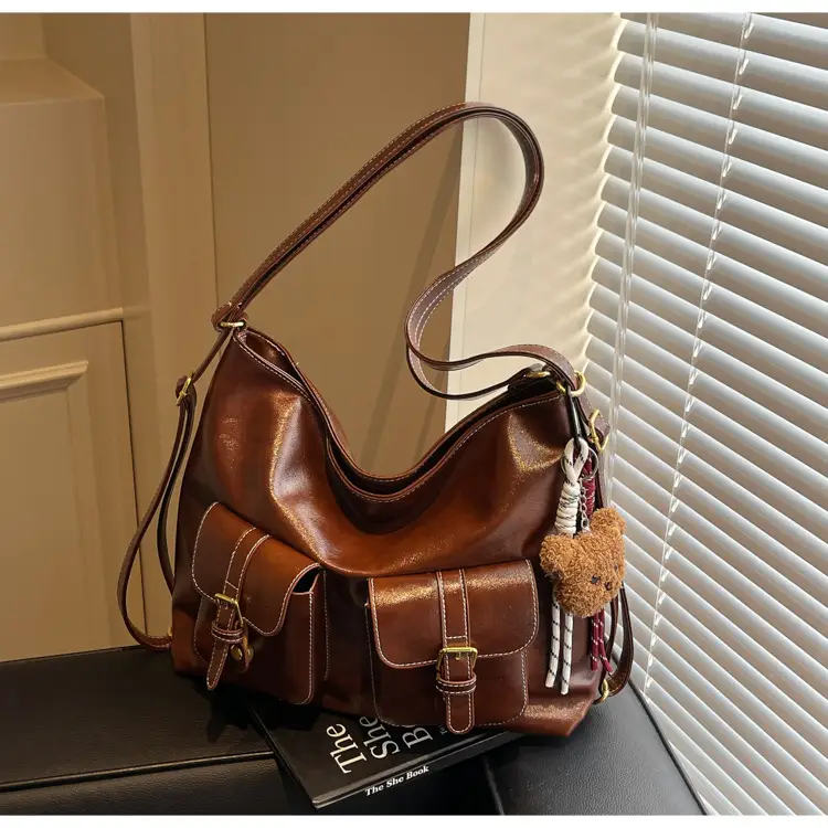 Women Retro Brown Leather Shoulder Bag with Teddy Bear Charm - Image 2