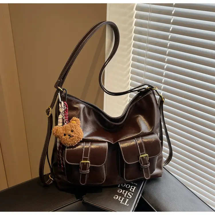Women Retro Brown Leather Shoulder Bag with Teddy Bear Charm - Image 3