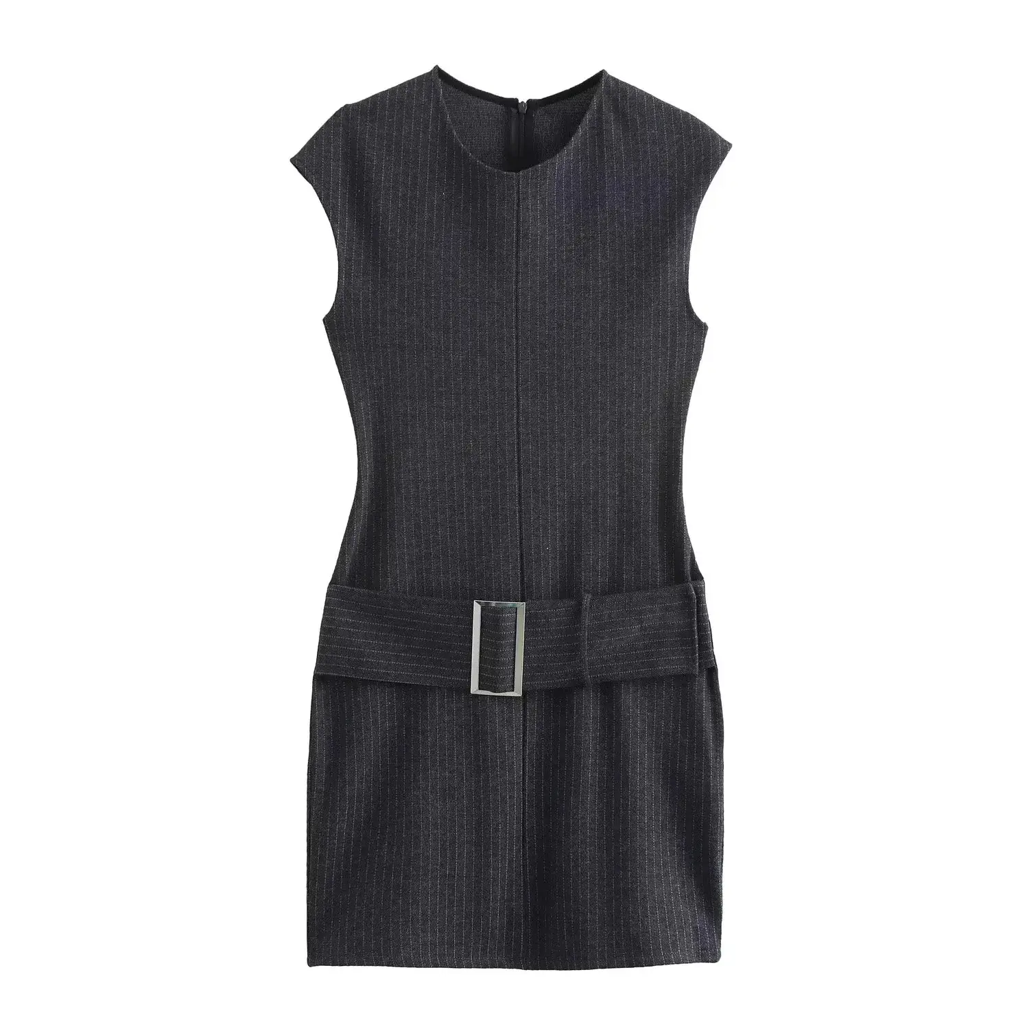 Cross-Border Dress Belted Sleeveless Black Checkered Black - Image 2