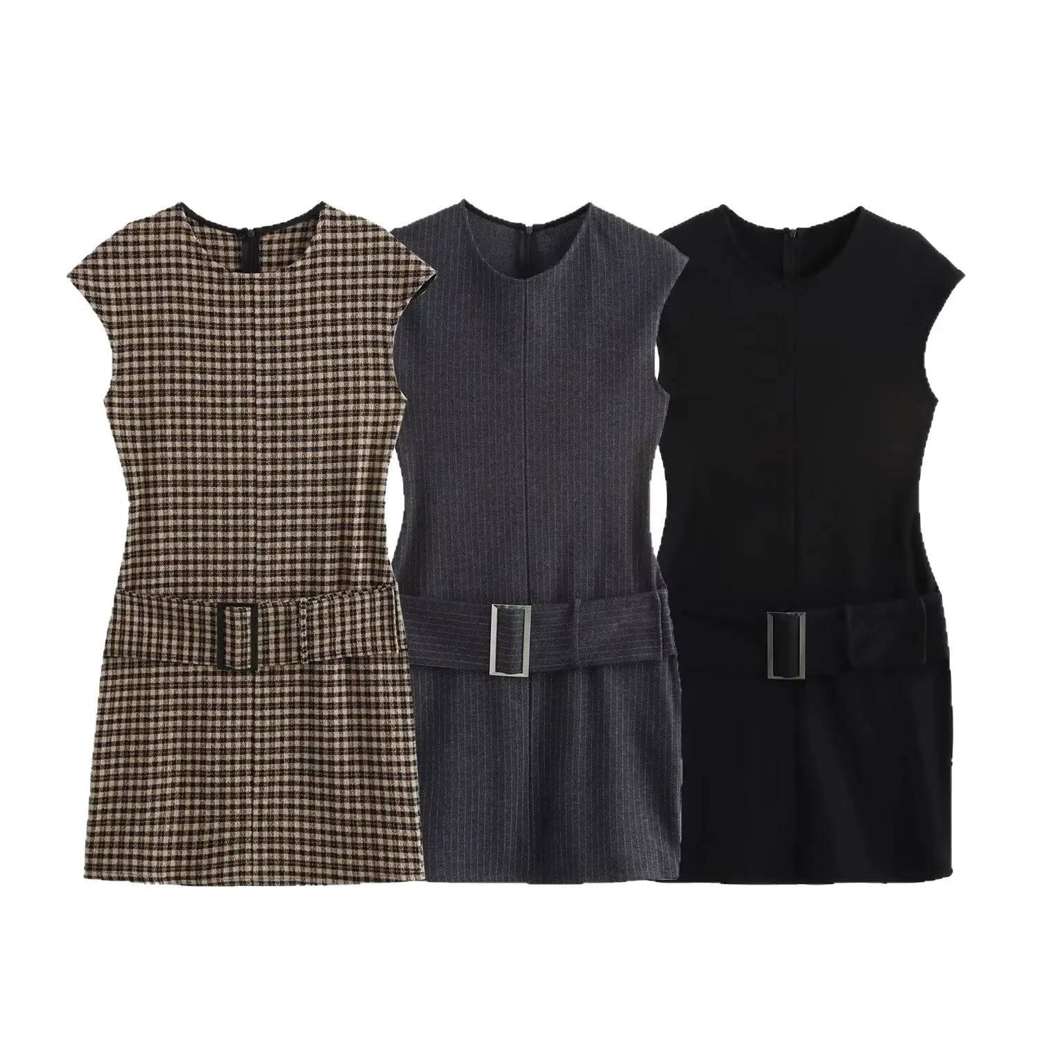 Cross-Border Dress Belted Sleeveless Black Checkered Black - Image 5
