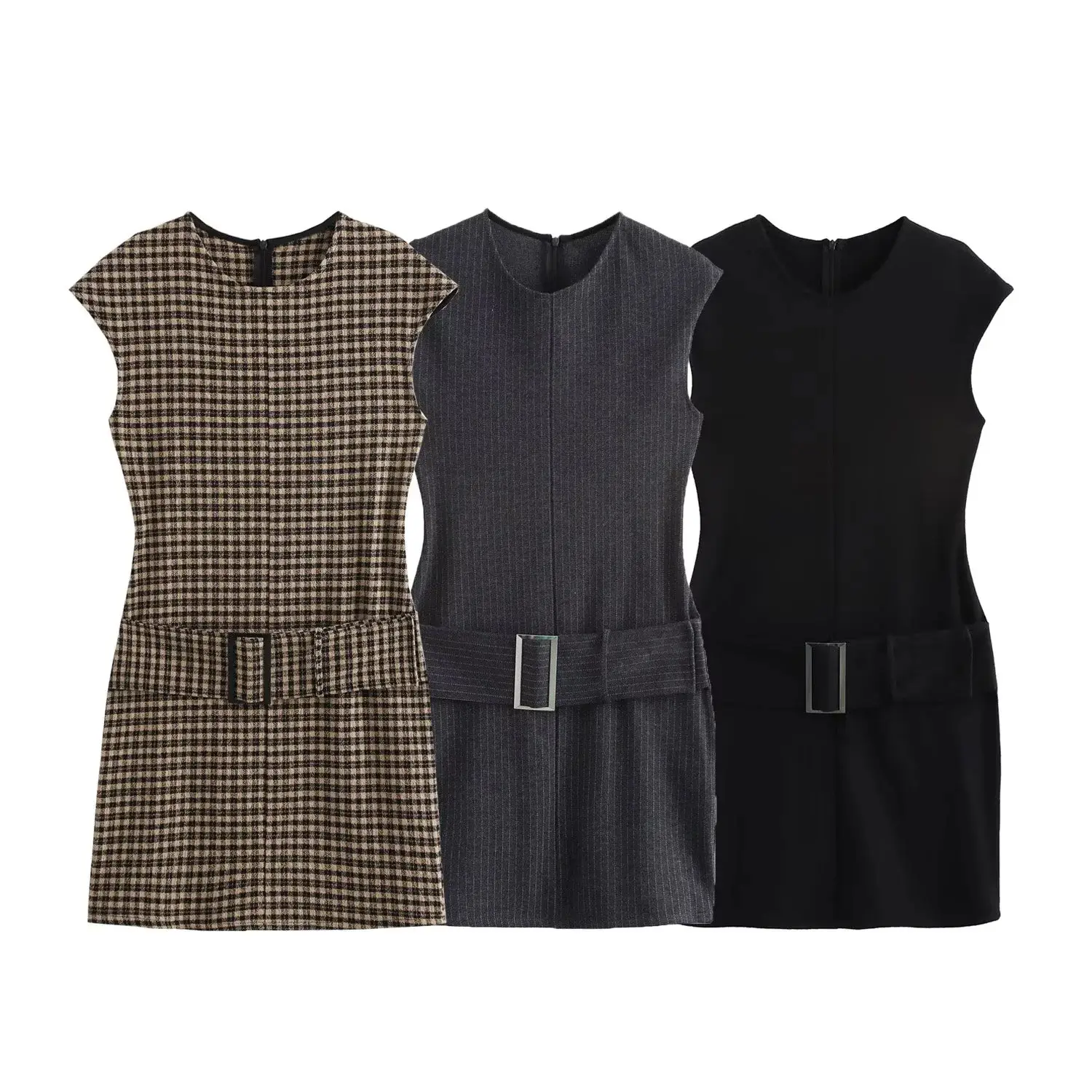 Cross-Border Dress Belted Sleeveless Black Checkered Black — feature 2