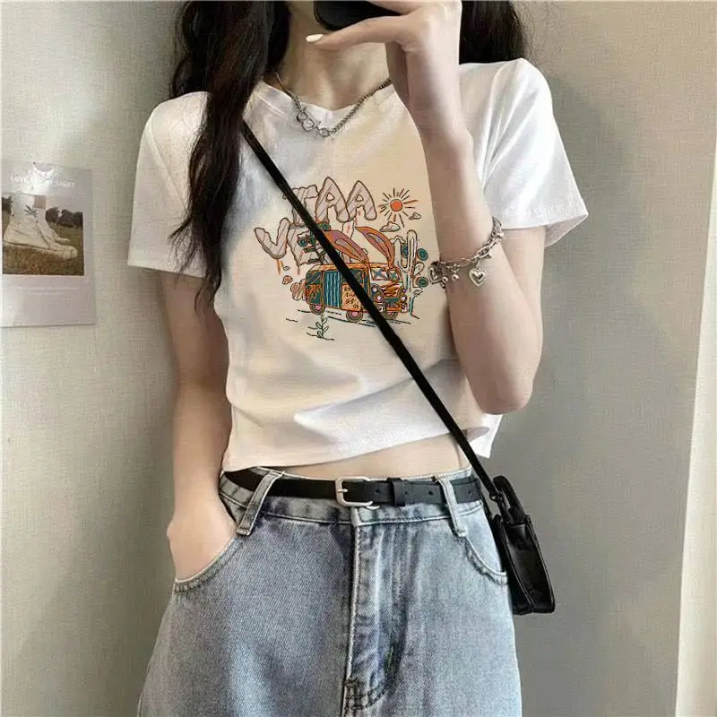 Cotton Short-sleeved T-shirt Women's White Shoulder Summer New Design Sense Slim-fit High Waist Short Cropped Cotton Top