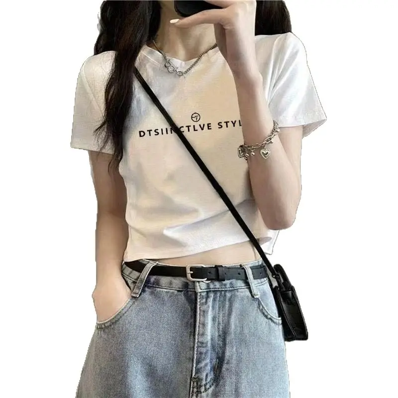 Cotton Short-sleeved T-shirt Women's White Shoulder Summer New Design Sense Slim-fit High Waist Short Cropped Cotton Top