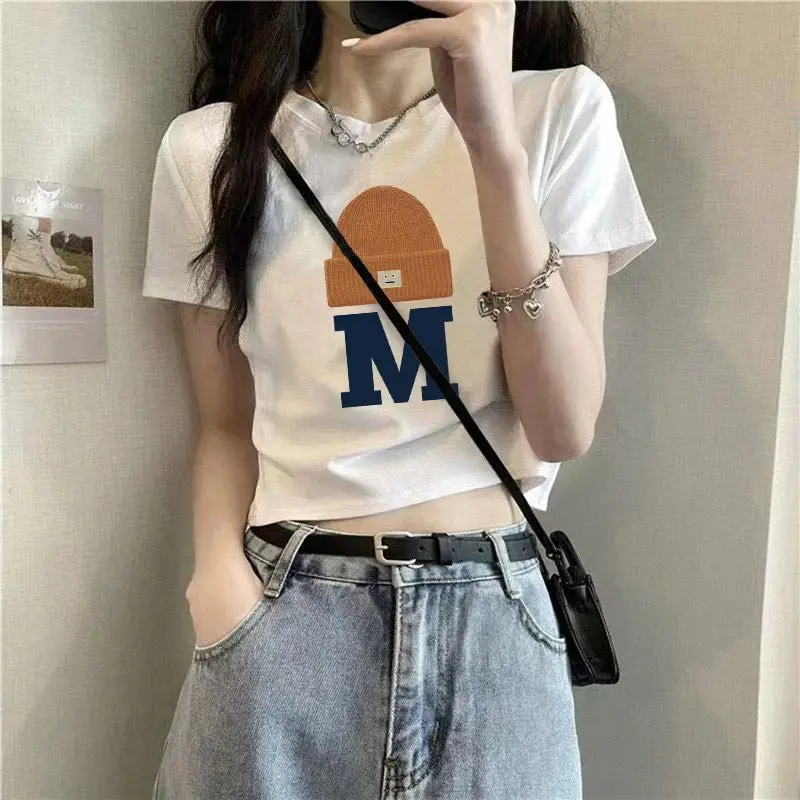 Cotton Short-sleeved T-shirt Women's White Shoulder Summer New Design Sense Slim-fit High Waist Short Cropped Cotton Top — feature 10