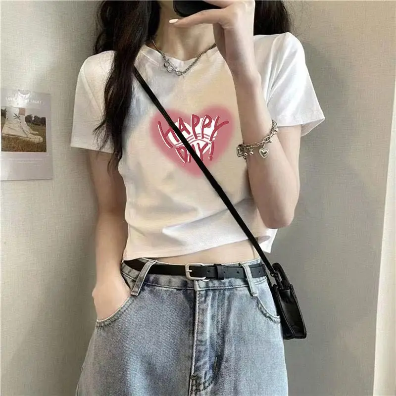 Cotton Short-sleeved T-shirt Women's White Shoulder Summer New Design Sense Slim-fit High Waist Short Cropped Cotton Top — feature 11