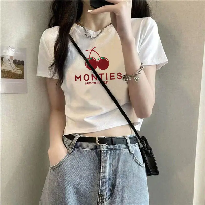 Cotton Short-sleeved T-shirt Women's White Shoulder Summer New Design Sense Slim-fit High Waist Short Cropped Cotton Top — feature 13
