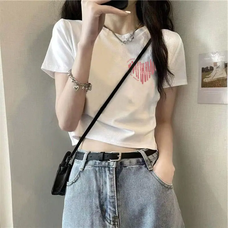 Cotton Short-sleeved T-shirt Women's White Shoulder Summer New Design Sense Slim-fit High Waist Short Cropped Cotton Top — feature 17