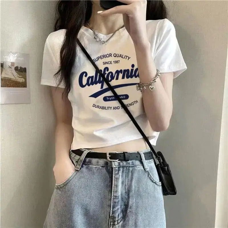 Cotton Short-sleeved T-shirt Women's White Shoulder Summer New Design Sense Slim-fit High Waist Short Cropped Cotton Top — feature 4