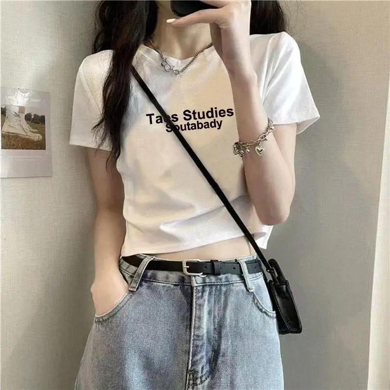 Cotton Short-sleeved T-shirt Women's White Shoulder Summer New Design Sense Slim-fit High Waist Short Cropped Cotton Top — feature 5